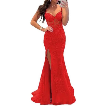 Women Lace Applique Mermaid Prom Dresses Spaghetti Straps Long Wedding Ball Gowns