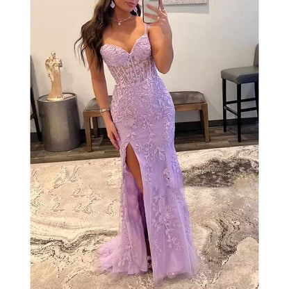Women Lace Applique Mermaid Prom Dresses Spaghetti Straps Long Wedding Ball Gowns