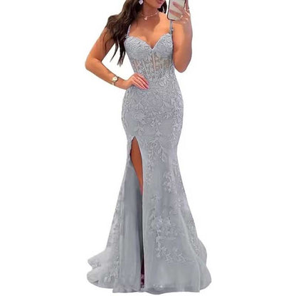 Women Lace Applique Mermaid Prom Dresses Spaghetti Straps Long Wedding Ball Gowns