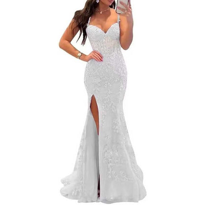 Women Lace Applique Mermaid Prom Dresses Spaghetti Straps Long Wedding Ball Gowns