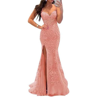 Women Lace Applique Mermaid Prom Dresses Spaghetti Straps Long Wedding Ball Gowns