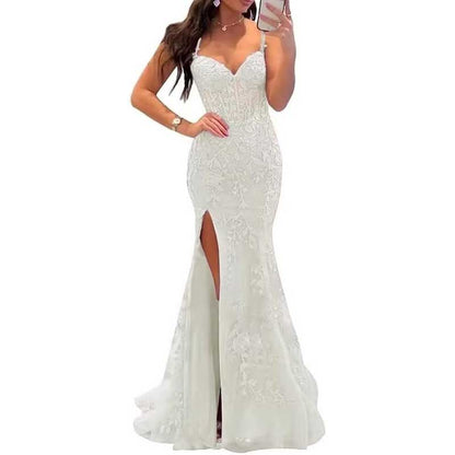 Women Lace Applique Mermaid Prom Dresses Spaghetti Straps Long Wedding Ball Gowns