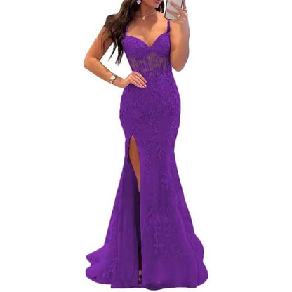 Women Lace Applique Mermaid Prom Dresses Spaghetti Straps Long Wedding Ball Gowns