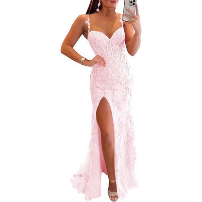 Women Lace Applique Mermaid Prom Dresses Spaghetti Straps Long Wedding Ball Gowns