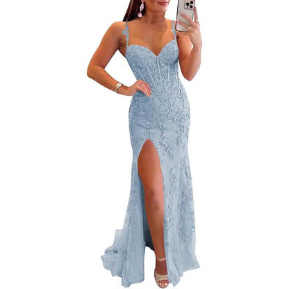 Women Lace Applique Mermaid Prom Dresses Spaghetti Straps Long Wedding Ball Gowns