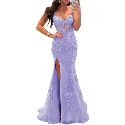 Women Lace Applique Mermaid Prom Dresses Spaghetti Straps Long Wedding Ball Gowns