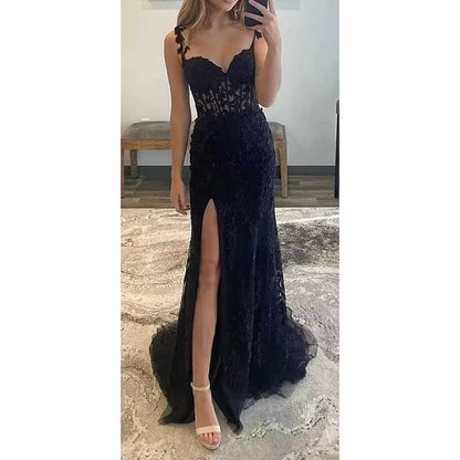 Women Lace Applique Mermaid Prom Dresses Spaghetti Straps Long Wedding Ball Gowns