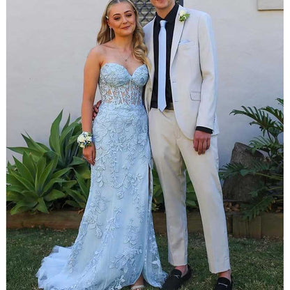 Women Lace Applique Mermaid Prom Dresses Spaghetti Straps Long Wedding Ball Gowns