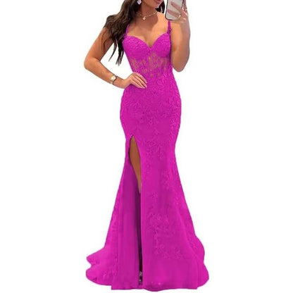 Women Lace Applique Mermaid Prom Dresses Spaghetti Straps Long Wedding Ball Gowns