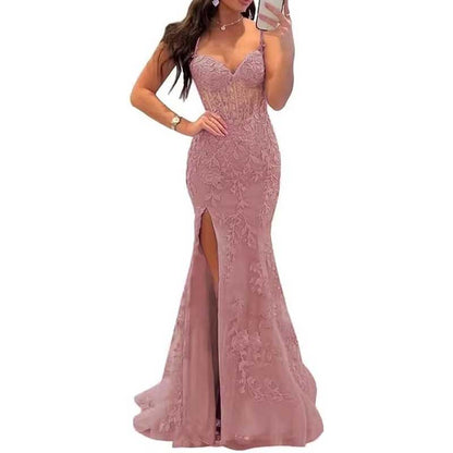 Women Lace Applique Mermaid Prom Dresses Spaghetti Straps Long Wedding Ball Gowns