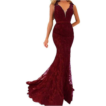 Women Lace Bridesmaid Dress V-Neck Mermaid Long Evening Dress Wedding Ball Gown