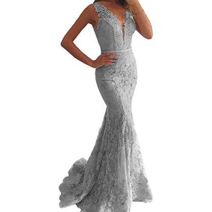 Women Lace Bridesmaid Dress V-Neck Mermaid Long Evening Dress Wedding Ball Gown