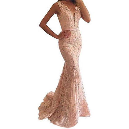 Women Lace Bridesmaid Dress V-Neck Mermaid Long Evening Dress Wedding Ball Gown