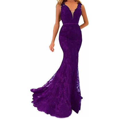 Women Lace Bridesmaid Dress V-Neck Mermaid Long Evening Dress Wedding Ball Gown