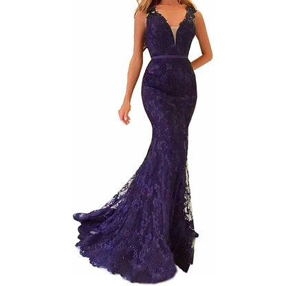 Women Lace Bridesmaid Dress V-Neck Mermaid Long Evening Dress Wedding Ball Gown