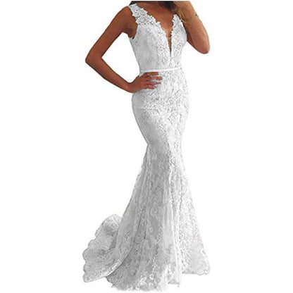 Women Lace Bridesmaid Dress V-Neck Mermaid Long Evening Dress Wedding Ball Gown