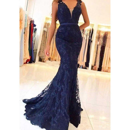 Women Lace Bridesmaid Dress V-Neck Mermaid Long Evening Dress Wedding Ball Gown