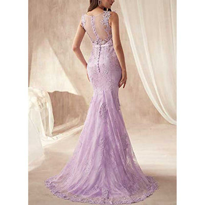 Women Lace Bridesmaid Dress V-Neck Mermaid Long Evening Dress Wedding Ball Gown