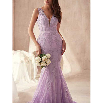 Women Lace Bridesmaid Dress V-Neck Mermaid Long Evening Dress Wedding Ball Gown