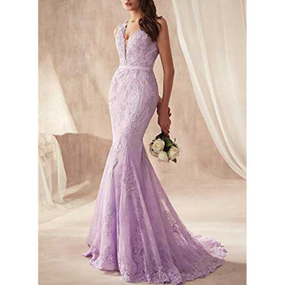 Women Lace Bridesmaid Dress V-Neck Mermaid Long Evening Dress Wedding Ball Gown