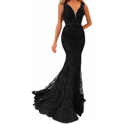 Women Lace Bridesmaid Dress V-Neck Mermaid Long Evening Dress Wedding Ball Gown
