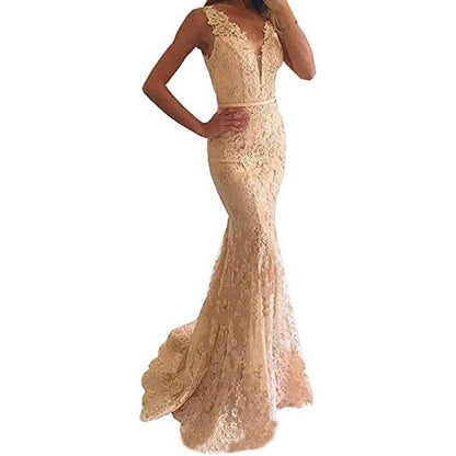 Women Lace Bridesmaid Dress V-Neck Mermaid Long Evening Dress Wedding Ball Gown