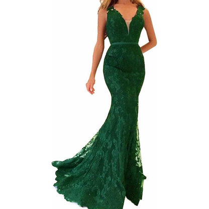 Women Lace Bridesmaid Dress V-Neck Mermaid Long Evening Dress Wedding Ball Gown