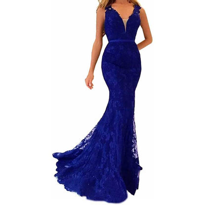 Women Lace Bridesmaid Dress V-Neck Mermaid Long Evening Dress Wedding Ball Gown