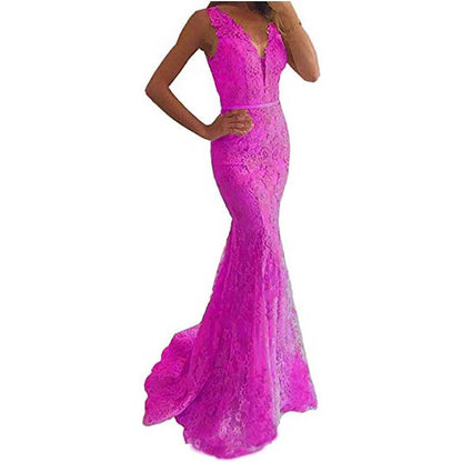 Women Lace Bridesmaid Dress V-Neck Mermaid Long Evening Dress Wedding Ball Gown