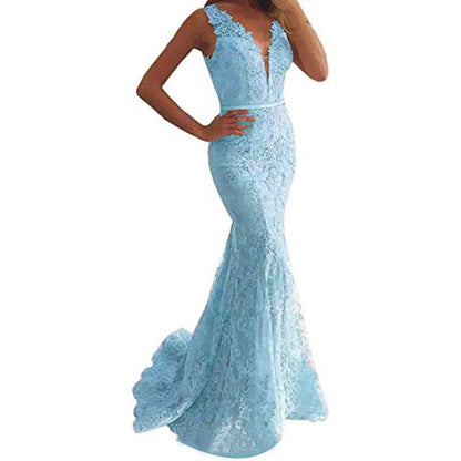 Women Lace Bridesmaid Dress V-Neck Mermaid Long Evening Dress Wedding Ball Gown