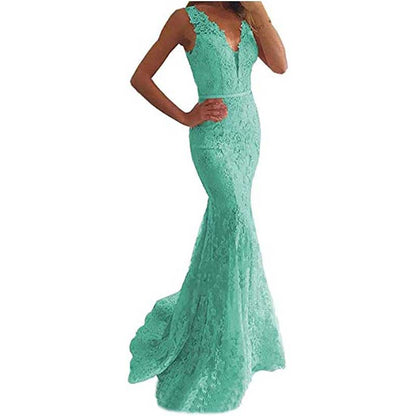 Women Lace Bridesmaid Dress V-Neck Mermaid Long Evening Dress Wedding Ball Gown