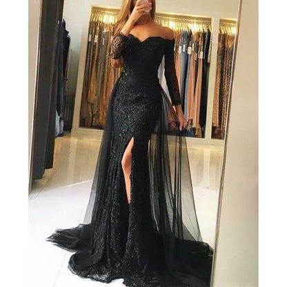 Women Lace Prom Gowns Mermaid Evening Formal Dress Wedding Ball Gowns With Sleeves
