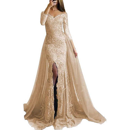 Women Lace Prom Gowns Mermaid Evening Formal Dress Wedding Ball Gowns With Sleeves