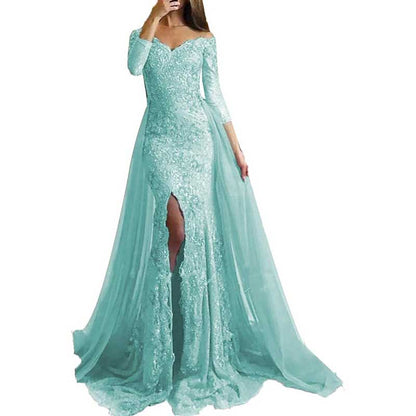 Women Lace Prom Gowns Mermaid Evening Formal Dress Wedding Ball Gowns With Sleeves