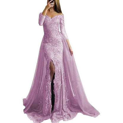 Women Lace Prom Gowns Mermaid Evening Formal Dress Wedding Ball Gowns With Sleeves