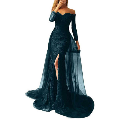 Women Lace Prom Gowns Mermaid Evening Formal Dress Wedding Ball Gowns With Sleeves