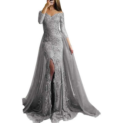 Women Lace Prom Gowns Mermaid Evening Formal Dress Wedding Ball Gowns With Sleeves