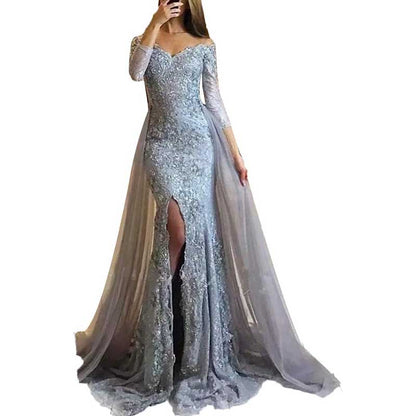 Women Lace Prom Gowns Mermaid Evening Formal Dress Wedding Ball Gowns With Sleeves