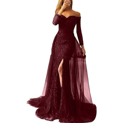 Women Lace Prom Gowns Mermaid Evening Formal Dress Wedding Ball Gowns With Sleeves