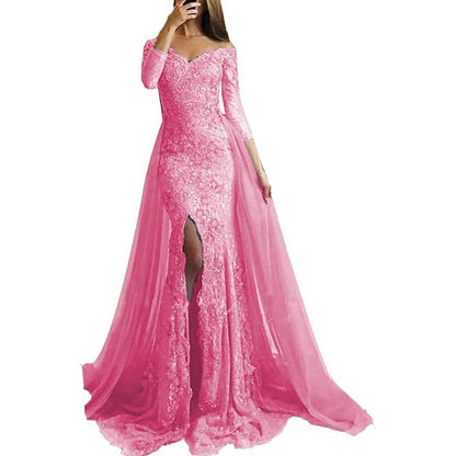 Women Lace Prom Gowns Mermaid Evening Formal Dress Wedding Ball Gowns With Sleeves