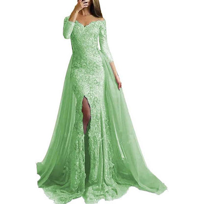 Women Lace Prom Gowns Mermaid Evening Formal Dress Wedding Ball Gowns With Sleeves
