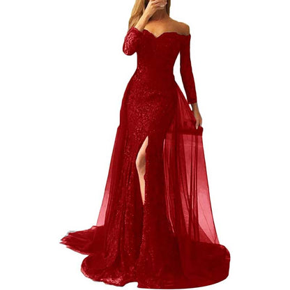 Women Lace Prom Gowns Mermaid Evening Formal Dress Wedding Ball Gowns With Sleeves