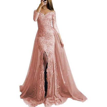 Women Lace Prom Gowns Mermaid Evening Formal Dress Wedding Ball Gowns With Sleeves