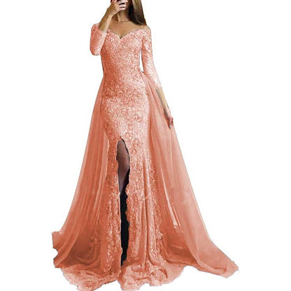 Women Lace Prom Gowns Mermaid Evening Formal Dress Wedding Ball Gowns With Sleeves