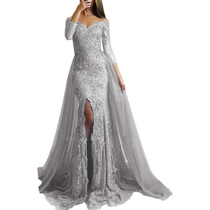 Women Lace Prom Gowns Mermaid Evening Formal Dress Wedding Ball Gowns With Sleeves