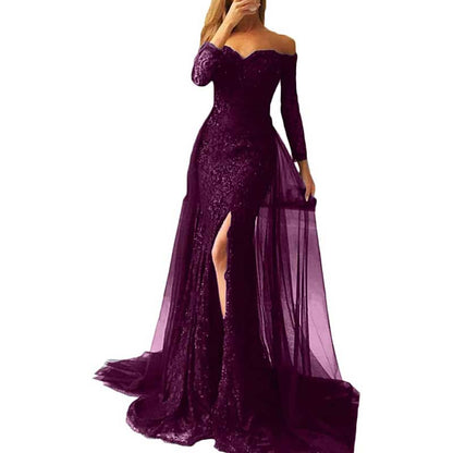 Women Lace Prom Gowns Mermaid Evening Formal Dress Wedding Ball Gowns With Sleeves