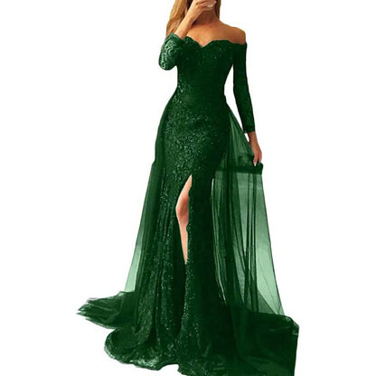 Women Lace Prom Gowns Mermaid Evening Formal Dress Wedding Ball Gowns With Sleeves