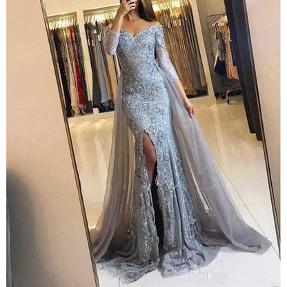 Women Lace Prom Gowns Mermaid Evening Formal Dress Wedding Ball Gowns With Sleeves