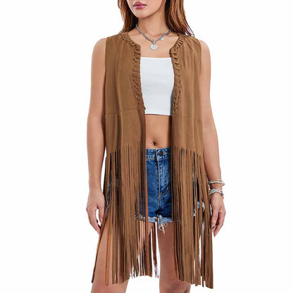 Women Long Suede Fringe Vest Open Front Tassels Cardigan