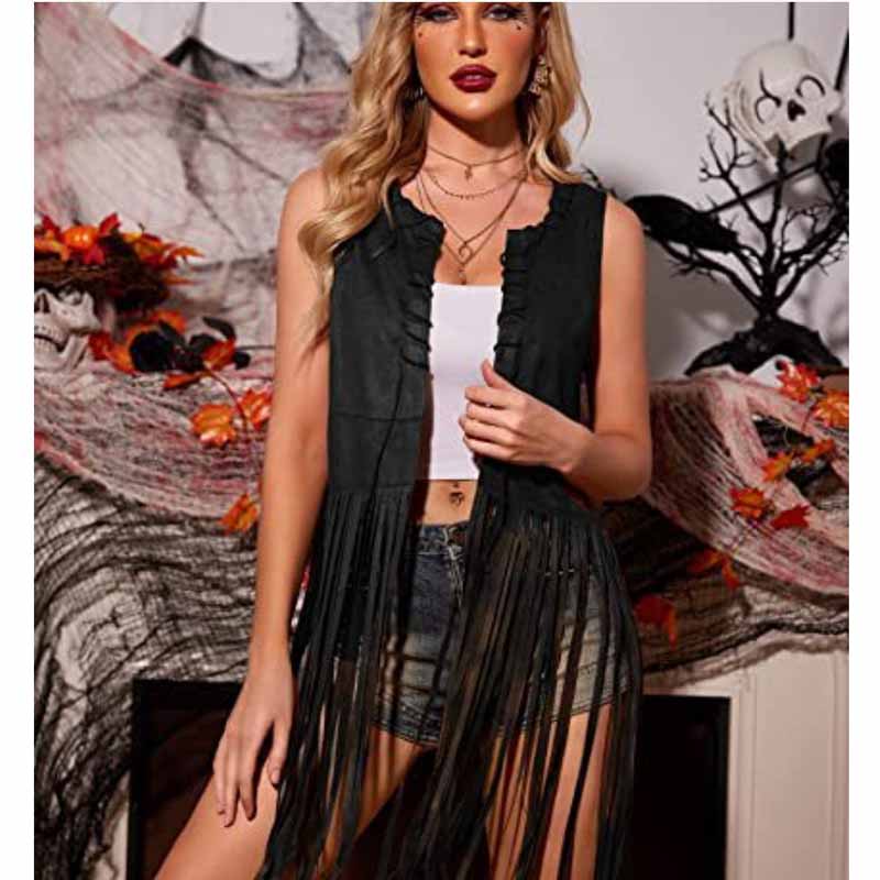 Women Long Suede Fringe Vest Open Front Tassels Cardigan